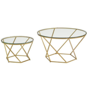 SET MESAS DORADAS CON TOP DE VIDRIO CLARO