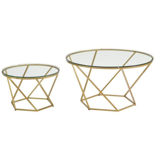 SET MESAS DORADAS CON TOP DE VIDRIO CLARO