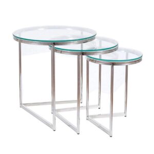 SET 3 MESAS AUXILIARES TOP DE VIDRIO BASE PLATEADA CROMADA 2879