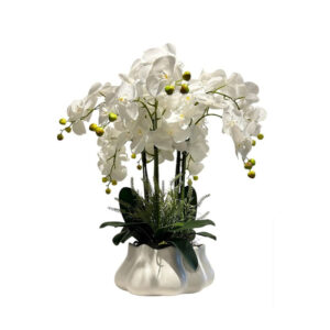 ORQUÍDEAS BLANCAS 78CM BASE BLANCA CON DISEÑO