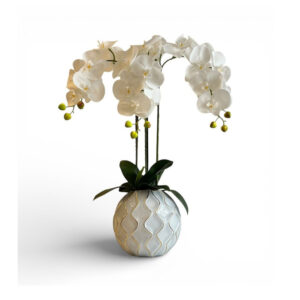 ORQUÍDEAS BLANCAS 65CM BASE BLANCA CON DORADO