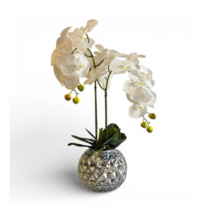 ORQUÍDEAS BLANCAS 54CM BASE PLATEADA CON DISEÑO